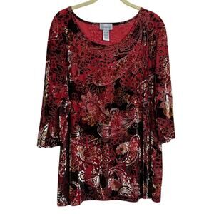 Catherines Womens Burnout Velvet Blouse Size 1X Red Floral Paisley 3Q Sleeves